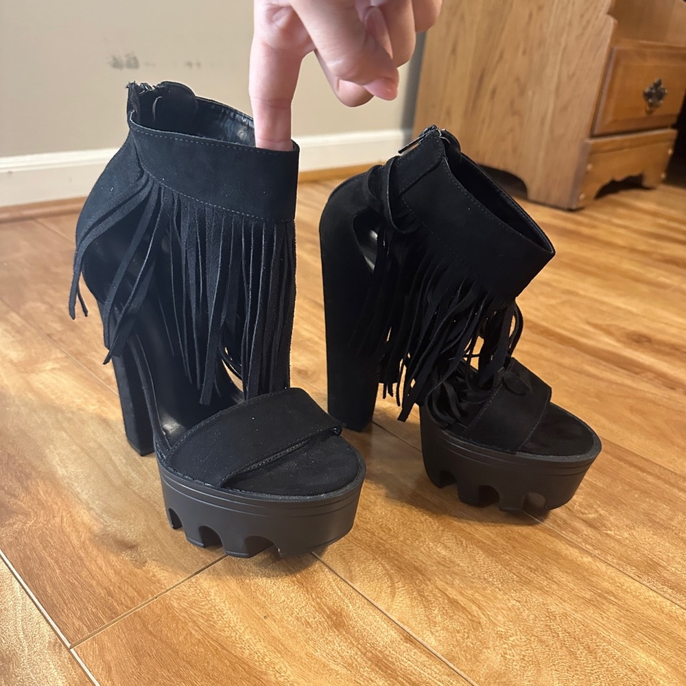 Wild Diva Black Fringe Platform Heels